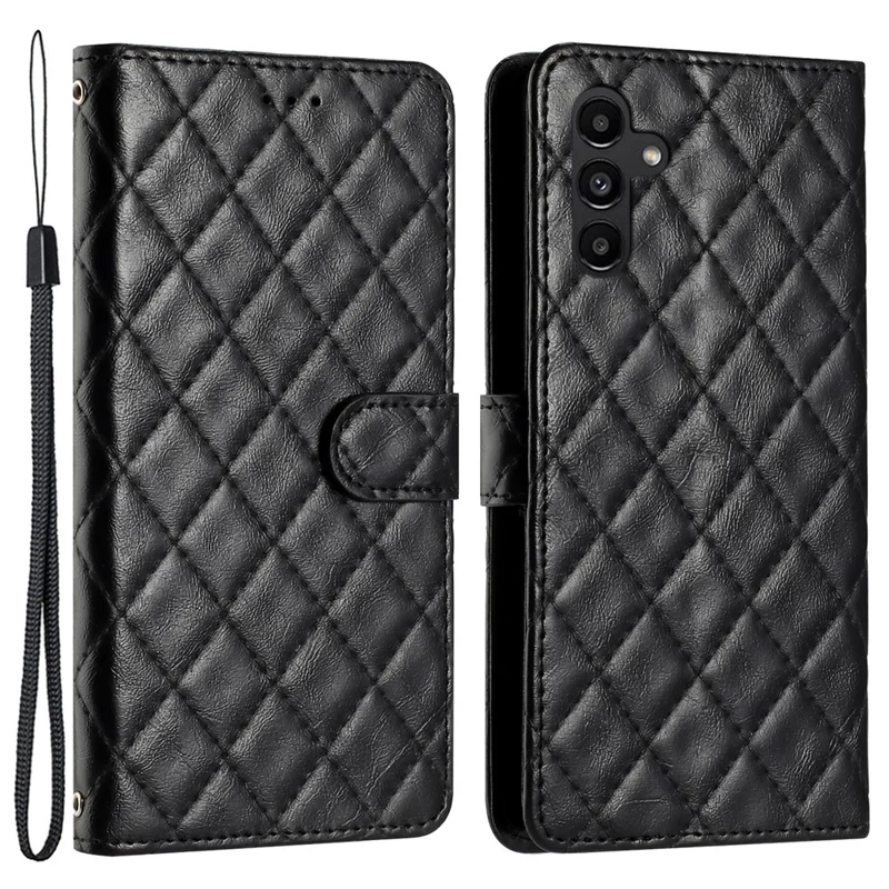 For Samsung Galaxy A54 5G Phone Case Stitching Line Rhombus PU Leather Wallet Stand Phone Cover with Strap - Black
