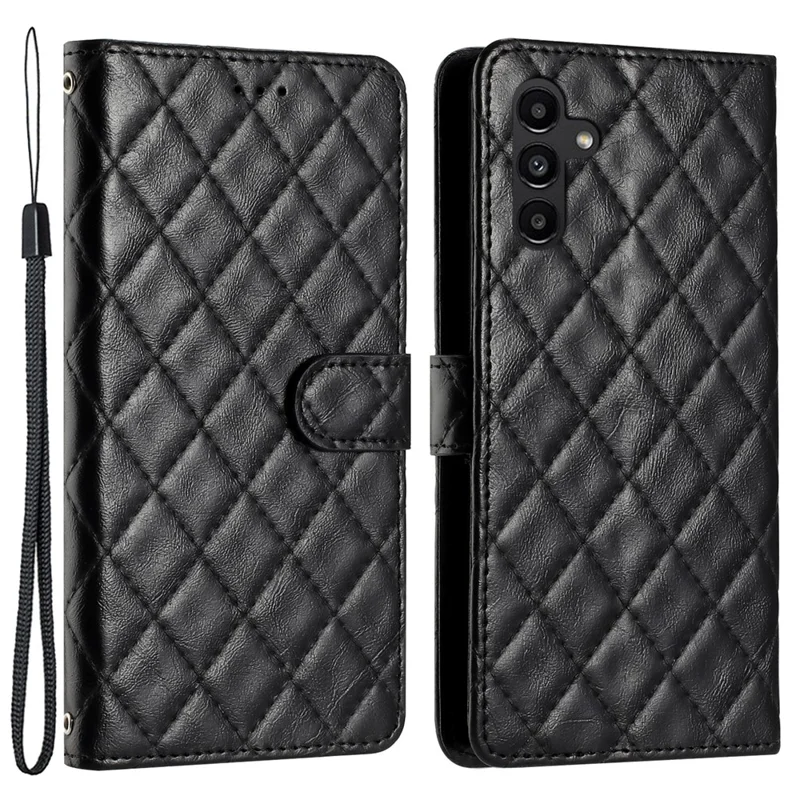 Stand Phone Case For Samsung Galaxy A34 5G Stitching Line Rhombus PU Leather Wallet Phone Cover with Strap - Black