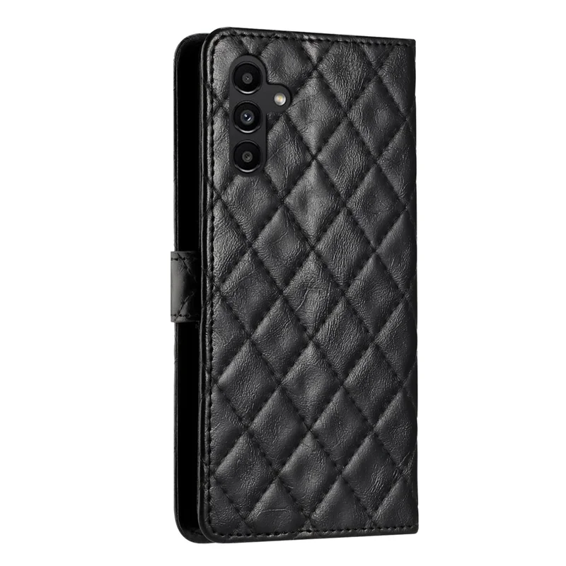 Stand Phone Case For Samsung Galaxy A34 5G Stitching Line Rhombus PU Leather Wallet Phone Cover with Strap - Black