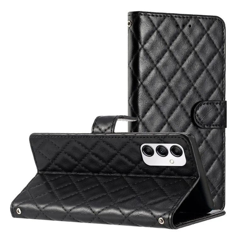 Per Samsung Galaxy A14 5G Anti-Dust Phone Case Stitching Line Rhombus PU Leather Wallet Stand Shell con Cinturino - Nero