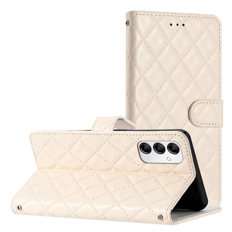 For Samsung Galaxy A14 5G Anti-Dust Phone Case Stitching Line Rhombus PU Leather Wallet Stand Shell with Strap - White