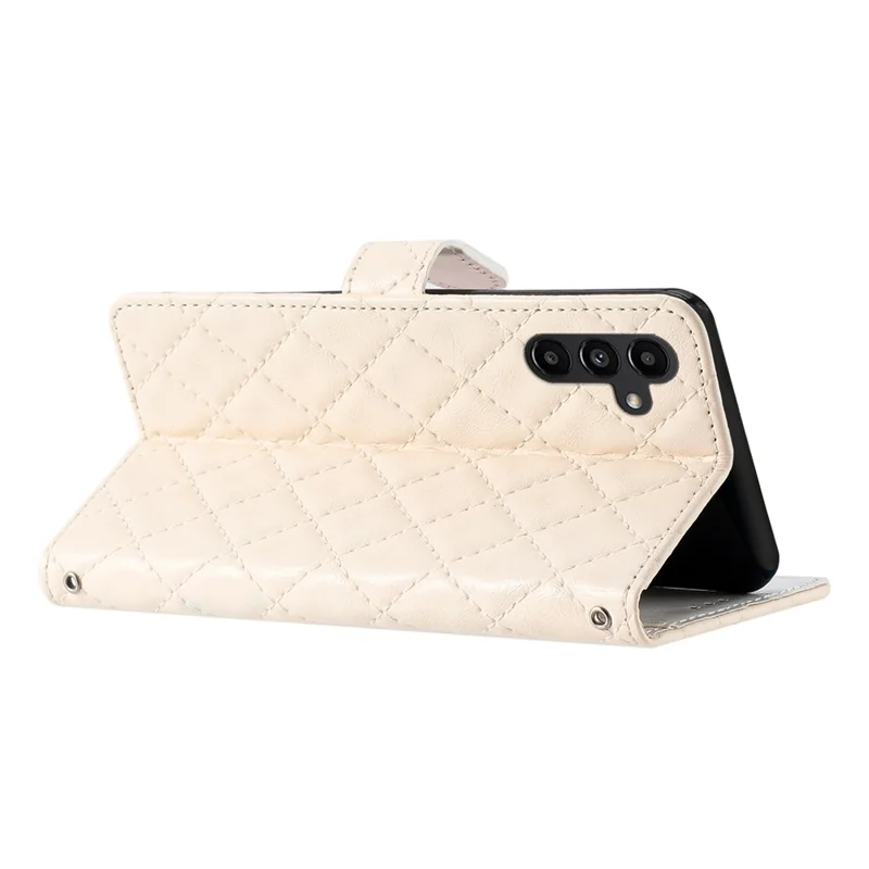 For Samsung Galaxy A14 5G Anti-Dust Phone Case Stitching Line Rhombus PU Leather Wallet Stand Shell with Strap - White