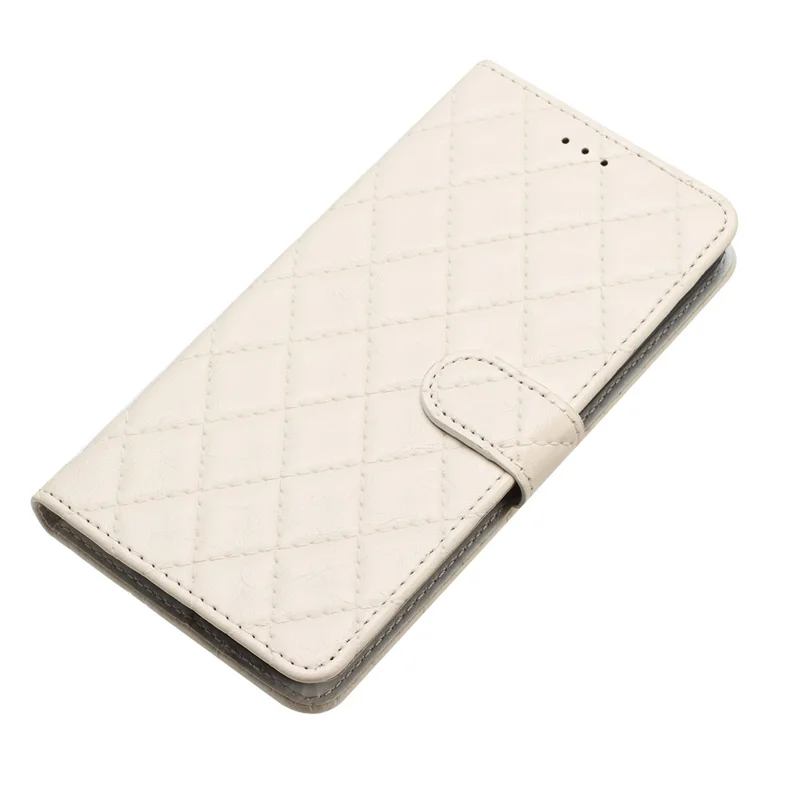 For Samsung Galaxy A14 5G Anti-Dust Phone Case Stitching Line Rhombus PU Leather Wallet Stand Shell with Strap - White