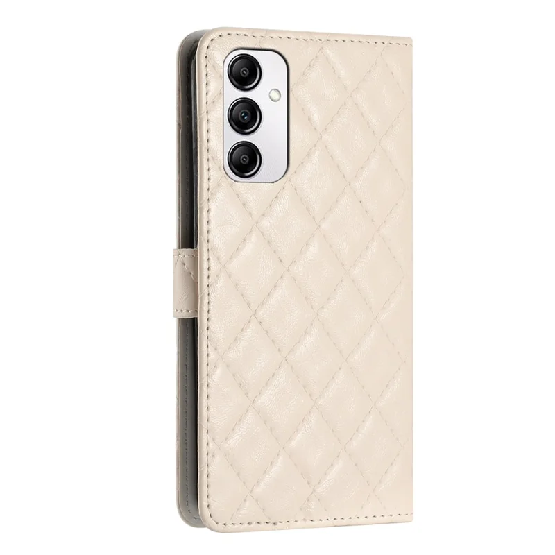 For Samsung Galaxy A14 5G Anti-Dust Phone Case Stitching Line Rhombus PU Leather Wallet Stand Shell with Strap - White