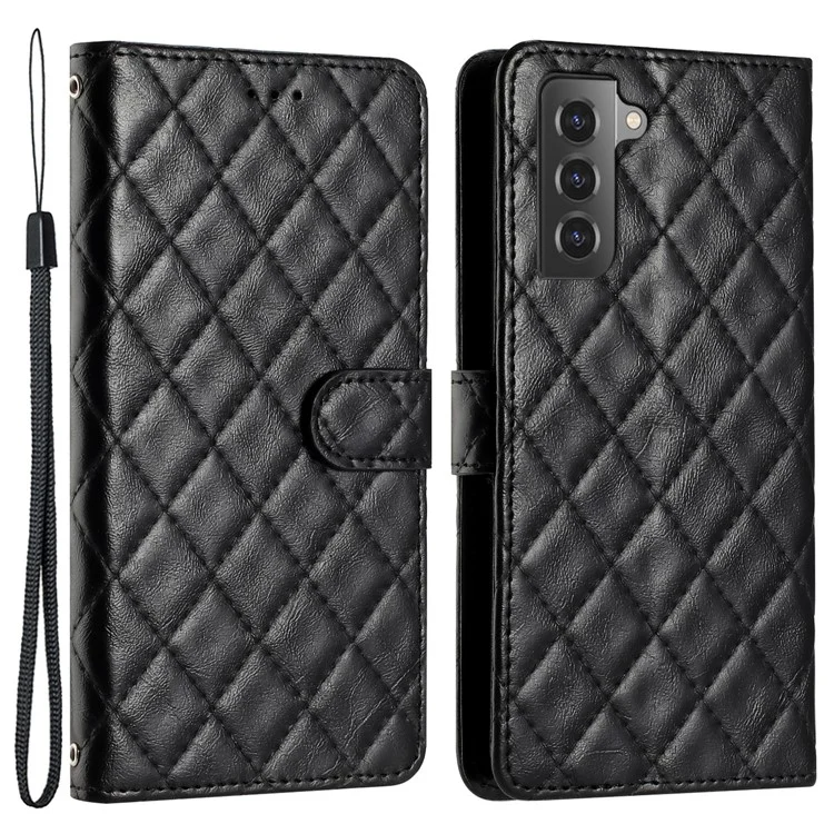 For Samsung Galaxy S22 5G Mobile Phone Case Stitching Line Rhombus PU Leather Wallet Stand Phone Cover - Black