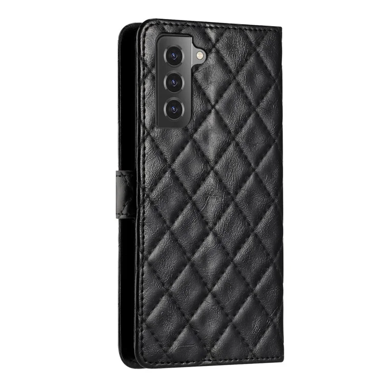 For Samsung Galaxy S22+ 5G Phone Case Stitching Line Rhombus PU Leather Wallet Stand Phone Cover with Strap - Black