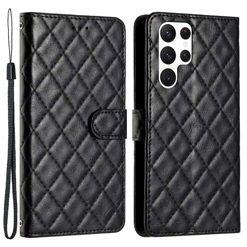 For Samsung Galaxy S22 Ultra 5G Cell Phone Case Stitching Line Rhombus PU Leather+TPU Wallet Stand Phone Cover - Black