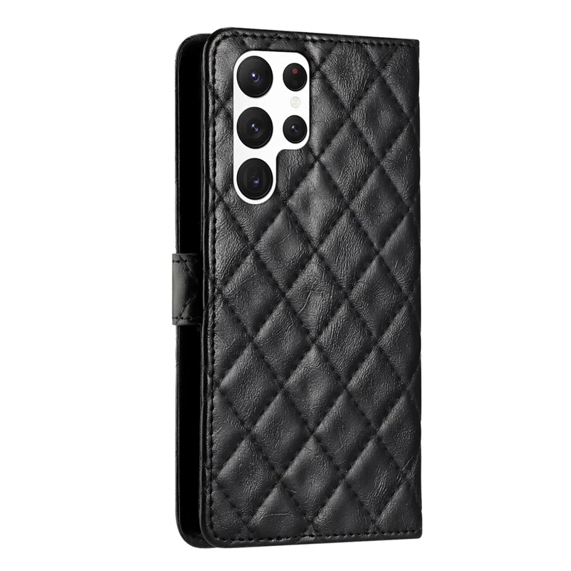 For Samsung Galaxy S22 Ultra 5G Cell Phone Case Stitching Line Rhombus PU Leather+TPU Wallet Stand Phone Cover - Black