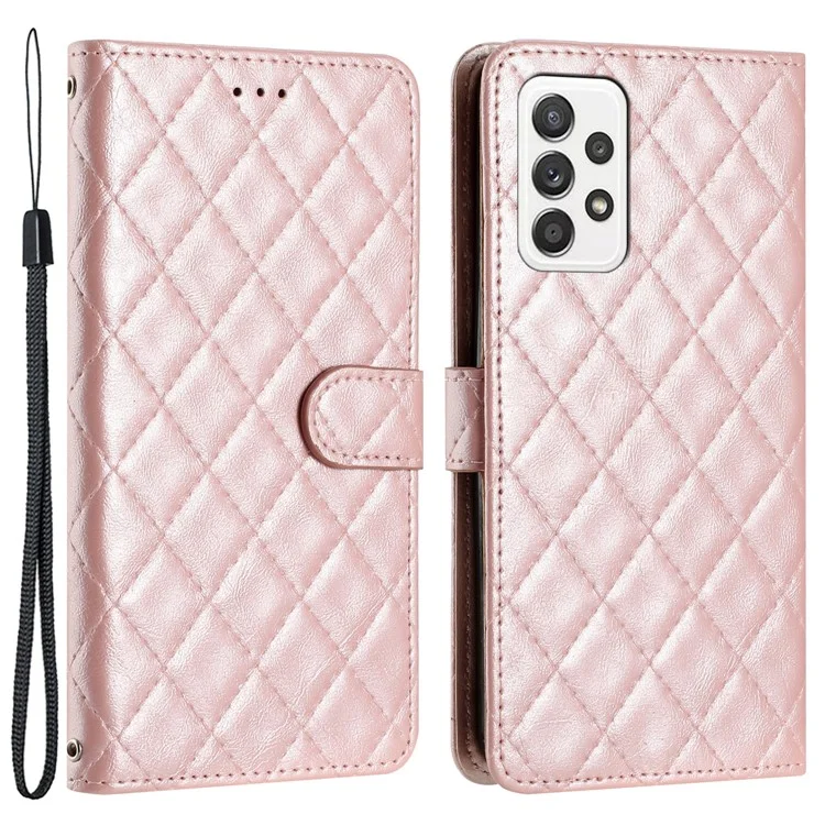 Pour Samsung Galaxy A52 4G / A52s 5G / A52 5G Stitching Line Rhombus Cell Phone Cover PU Leather Wallet Shell Stand Phone Case - Rose Gold