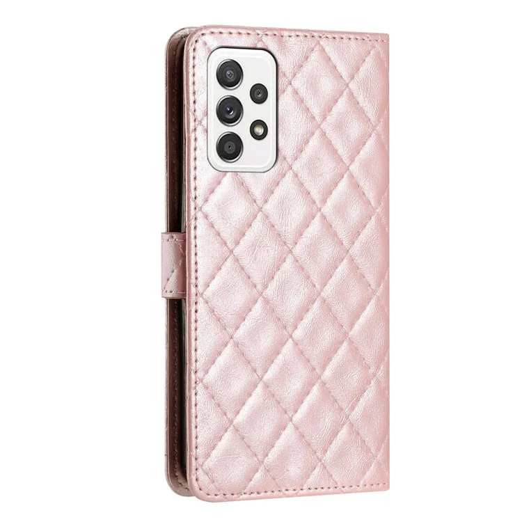 Pour Samsung Galaxy A52 4G / A52s 5G / A52 5G Stitching Line Rhombus Cell Phone Cover PU Leather Wallet Shell Stand Phone Case - Rose Gold