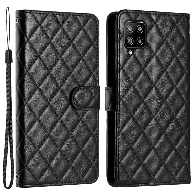 Phone Case for Samsung Galaxy A42 5G Stitching Line Rhombus PU Leather Wallet Stand Cover with Strap - Black