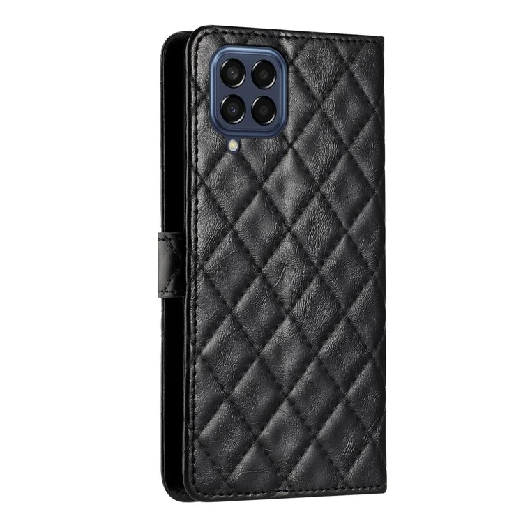 Leather Case for Samsung Galaxy M33 5G (Global Version) Stitching Line Rhombus Wallet Stand Phone Cover - Black