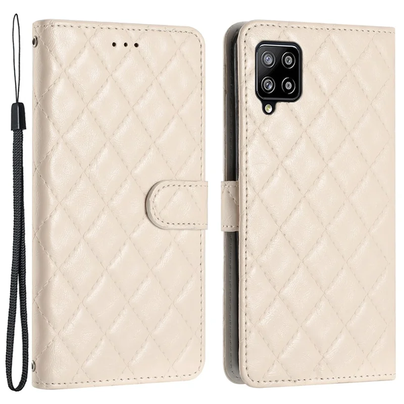 For Samsung Galaxy A22 4G (EU Version) Stitching Line Rhombus Leather Case Wallet Stand Phone Cover - White