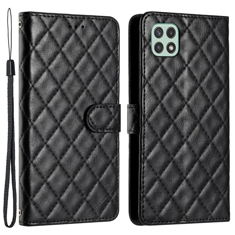 Capa Shell de pé para Samsung Galaxy A22 5G (versão UE) Linha de costura Stitching Rhombus Leather Case Wallet Phone Cover - Preto