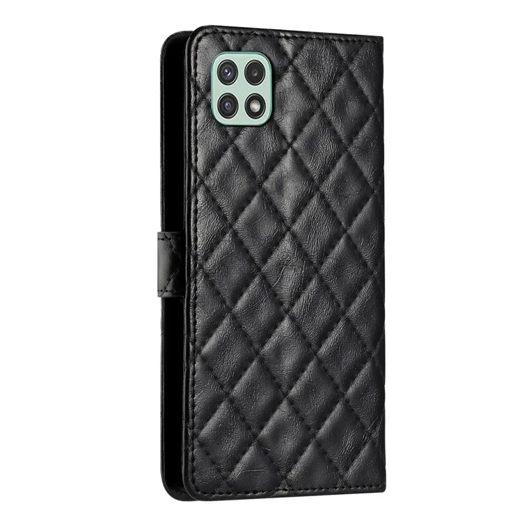 Capa Shell de pé para Samsung Galaxy A22 5G (versão UE) Linha de costura Stitching Rhombus Leather Case Wallet Phone Cover - Preto