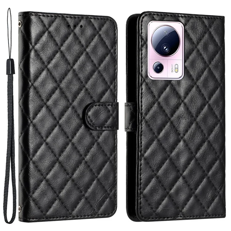 Для Xiaomi 13 Lite / Civi 2 5G Stitching Line Rhombus Leather Case Wallet Stand Phone Shockproof Cover - Black