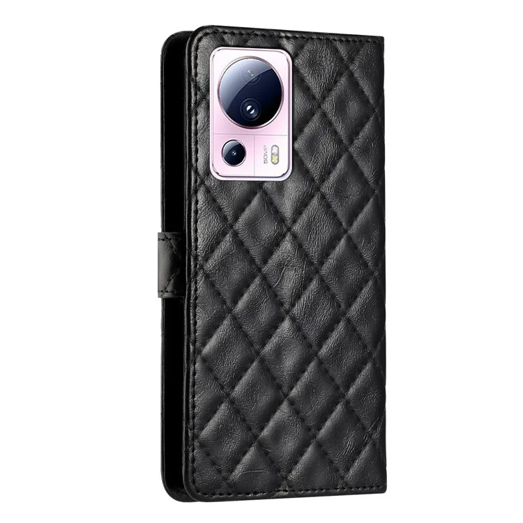 Для Xiaomi 13 Lite / Civi 2 5G Stitching Line Rhombus Leather Case Wallet Stand Phone Shockproof Cover - Black