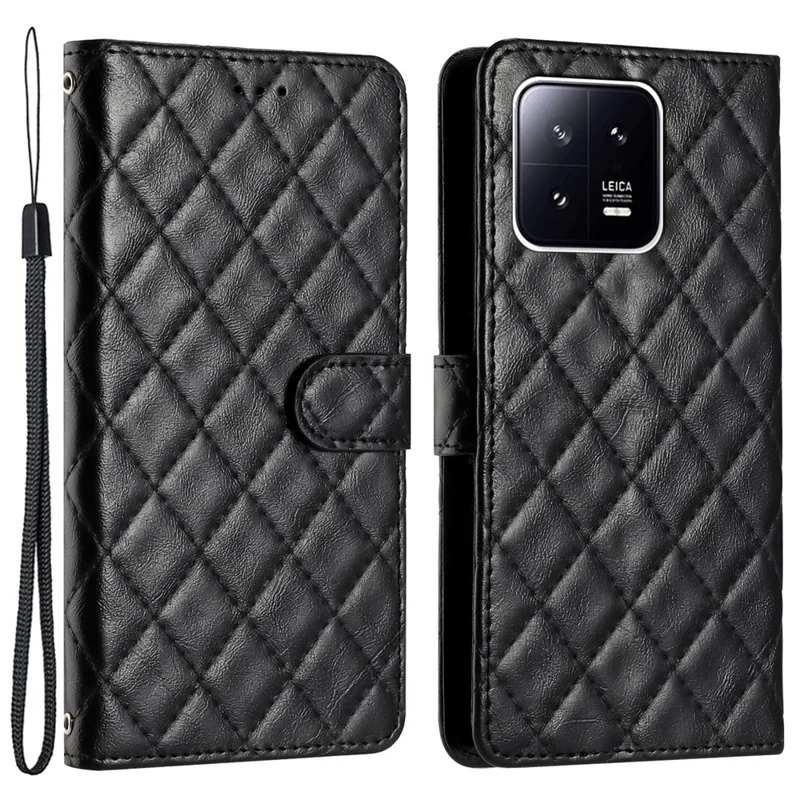 For Xiaomi 13 Pro 5G Scratch Resistant Stitching Line Rhombus Leather Case Wallet Stand Phone Cover - Black