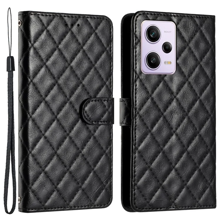 Para Xiaomi Redmi Note 12 Pro 5G / 12 Pro Speed 5G / Poco X5 Pro 5G Cartera de pie Funda de teléfono Línea de puntada Estuche de cuero en forma de rombo - Negro