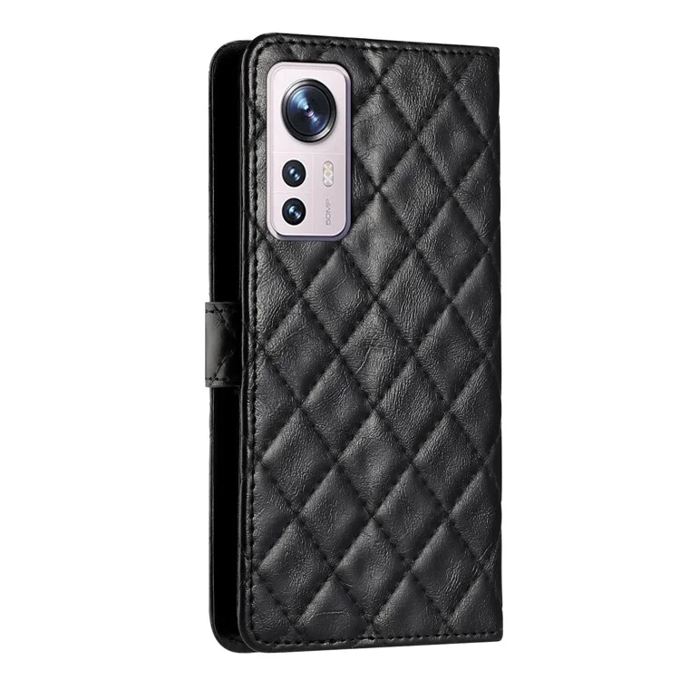 Para Xiaomi 12 Lite 5G Carteira Stand Linha de Costura Rhombus Capa de Couro Antiimpacto - Preto