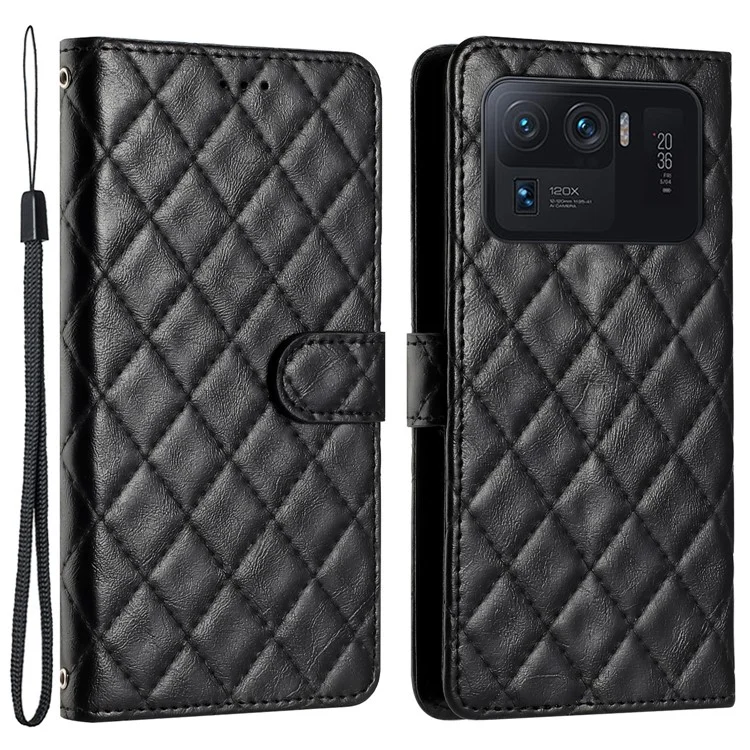 Custodia in pelle a libro per Xiaomi Mi 11 Ultra, anti-urto, portafoglio, supporto, cucitura a riga, rombo, custodia per telefono - Nero