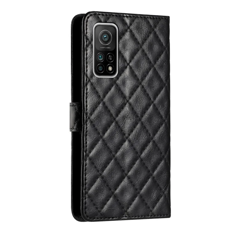 Caso Flip Para Xiaomi Mi 10t 5g / 10T Pro 5G / Redmi K30s Linha de Costura de Rombus Stand Stand Leather Phone Tampo - Preto