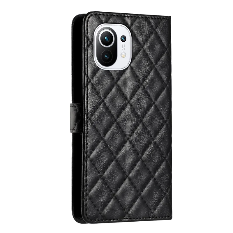 For Xiaomi Mi 11 Lite 4G / 5G / 11 Lite 5G NE Shockproof Wallet Stand Stitching Line Rhombus Phone Leather Cover - Black