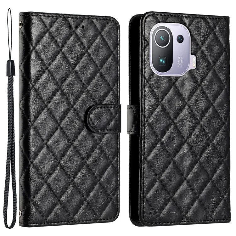 Capa de Couro Flip para Xiaomi Mi 11 Pro Dobrável, Suporte para Carteira, Linha de Costura, Capa de Celular Rombo - Preto