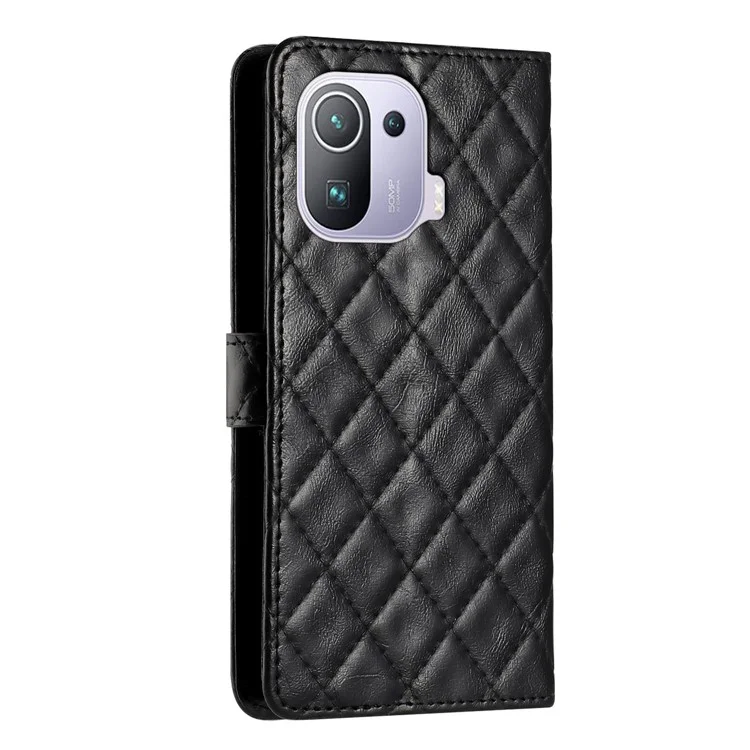 Capa de Couro Flip para Xiaomi Mi 11 Pro Dobrável, Suporte para Carteira, Linha de Costura, Capa de Celular Rombo - Preto