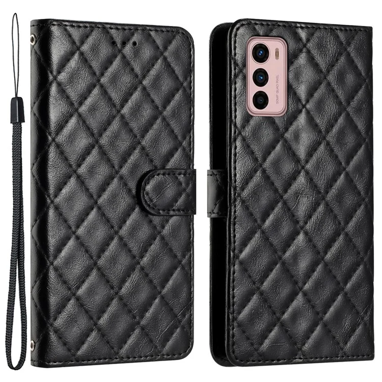 Para Motorola Moto G42 4G Capa Flip de Couro PU Costura de Linha Padrão Rômboide Carteira Capa de Telefone - Preto
