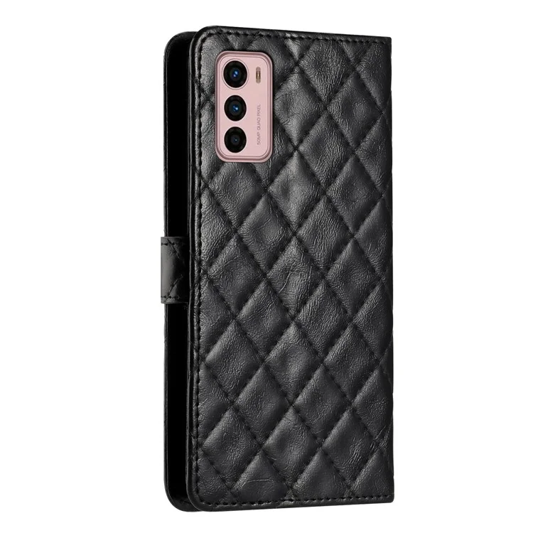 Para Motorola Moto G42 4G Capa Flip de Couro PU Costura de Linha Padrão Rômboide Carteira Capa de Telefone - Preto
