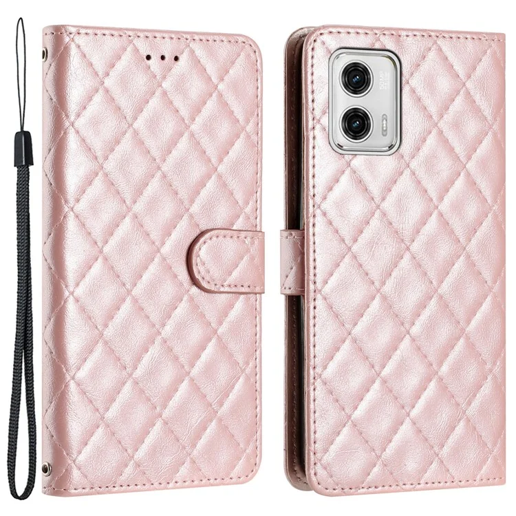 Для Motorola Moto G73 5G PU Leather Wallet Phone Cover Stitching Line Rhombus Stand Folio Case - Rose Gold