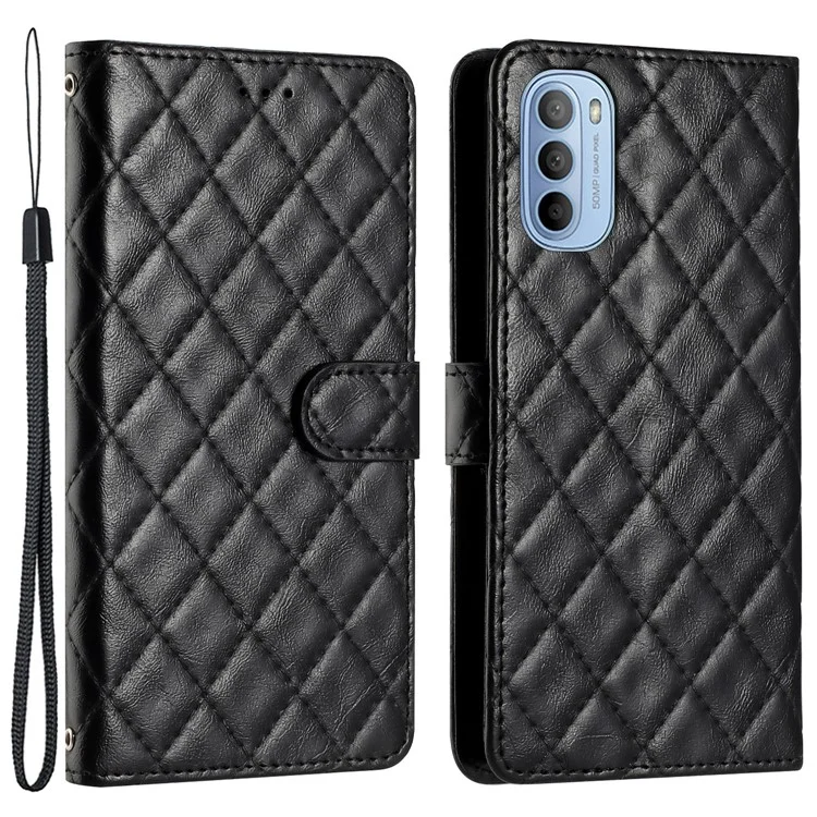 Für Motorola Moto G62 5G PU-Ledersteh-Brieftasche Tasche Steppnaht Rhombus Telefonabdeckung - Schwarz