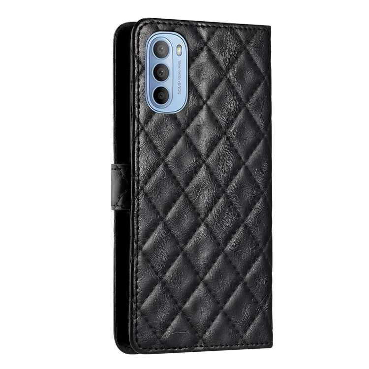 Für Motorola Moto G62 5G PU-Ledersteh-Brieftasche Tasche Steppnaht Rhombus Telefonabdeckung - Schwarz