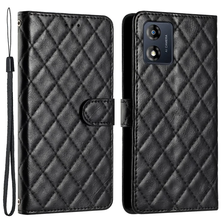For Motorola Moto E13 4G Stitching Line Rhombus Flip Case Stand PU Leather Wallet Phone Cover - Black
