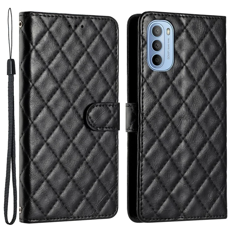 Funda de teléfono móvil para Motorola Moto G31 4G / G41 4G, de piel PU con línea de costura romboidal y soporte de cartera - Negro