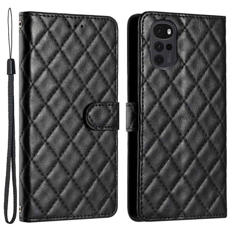 Pour Motorola Moto G22 Stand Phone Case Wallet Shockproof PU Leather Stitching Line Rhombus Cover - Black