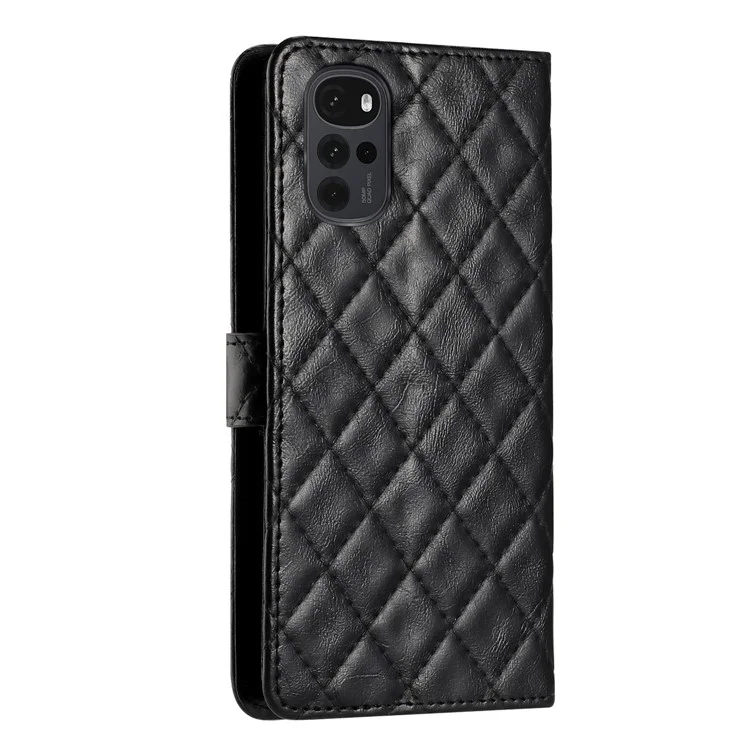 Pour Motorola Moto G22 Stand Phone Case Wallet Shockproof PU Leather Stitching Line Rhombus Cover - Black