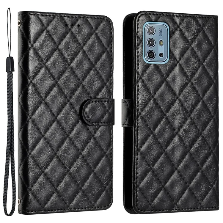 Étui portefeuille pour téléphone Motorola Moto G10 / G20 / G30, en cuir PU à coutures ligne de piquage en losange, support rabattable - Noir