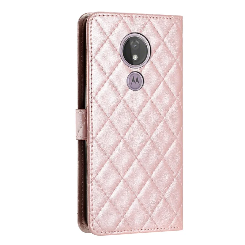 For Motorola Moto G7 Power PU Leather Wallet Case Stitching Line Rhombus Flip Stand Phone Cover - Rose Gold