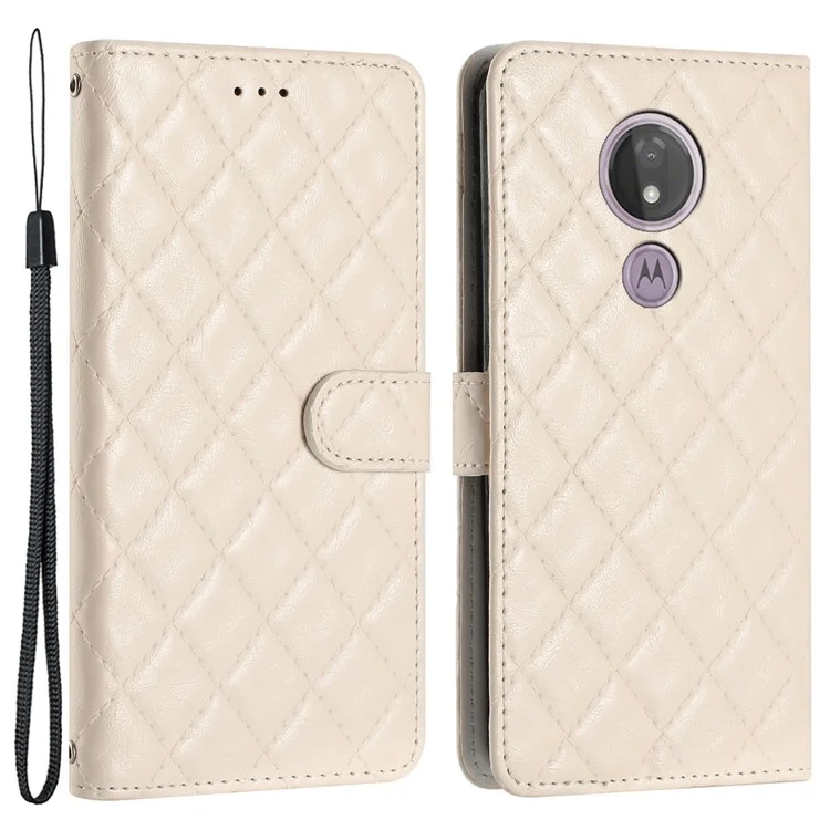 For Motorola Moto G7 Power PU Leather Wallet Case Stitching Line Rhombus Flip Stand Phone Cover - White