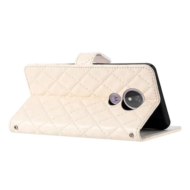 For Motorola Moto G7 Power PU Leather Wallet Case Stitching Line Rhombus Flip Stand Phone Cover - White