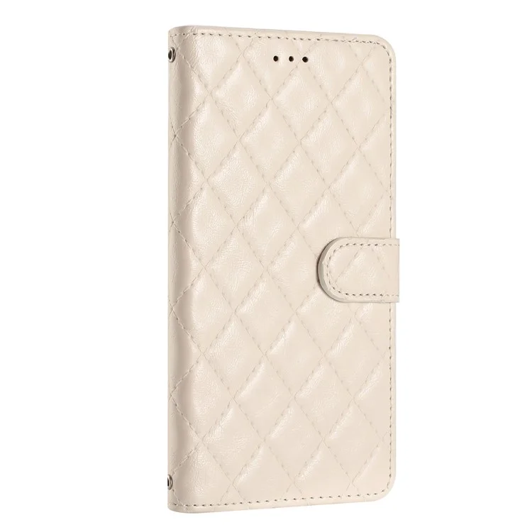 For Motorola Moto G7 Power PU Leather Wallet Case Stitching Line Rhombus Flip Stand Phone Cover - White
