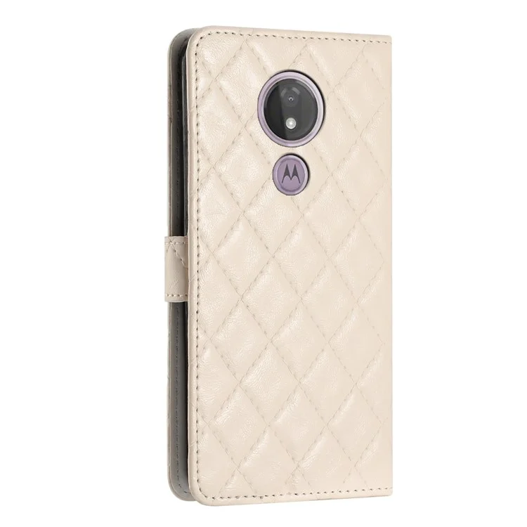 For Motorola Moto G7 Power PU Leather Wallet Case Stitching Line Rhombus Flip Stand Phone Cover - White