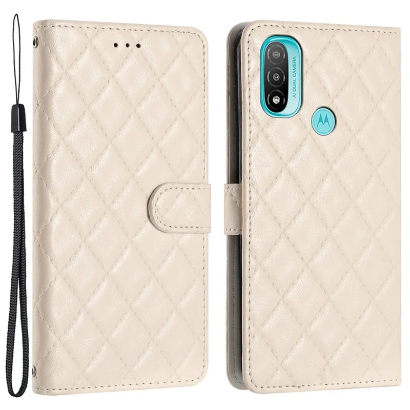 For Motorola Moto E20 / E30 / E40 Phone Case PU Leather Stitching Line Rhombus Wallet Stand Cover - White