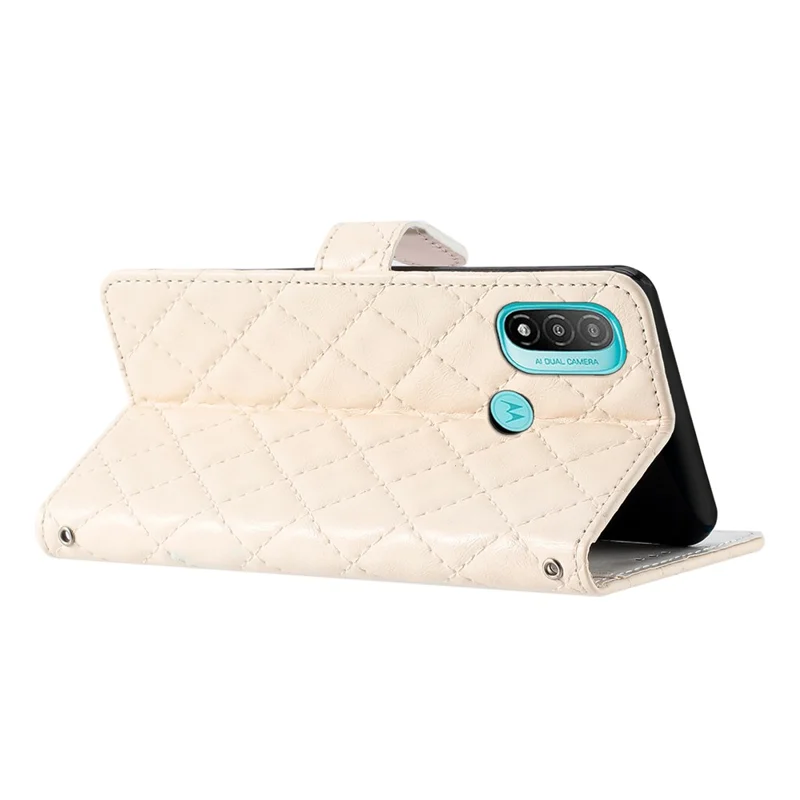 For Motorola Moto E20 / E30 / E40 Phone Case PU Leather Stitching Line Rhombus Wallet Stand Cover - White