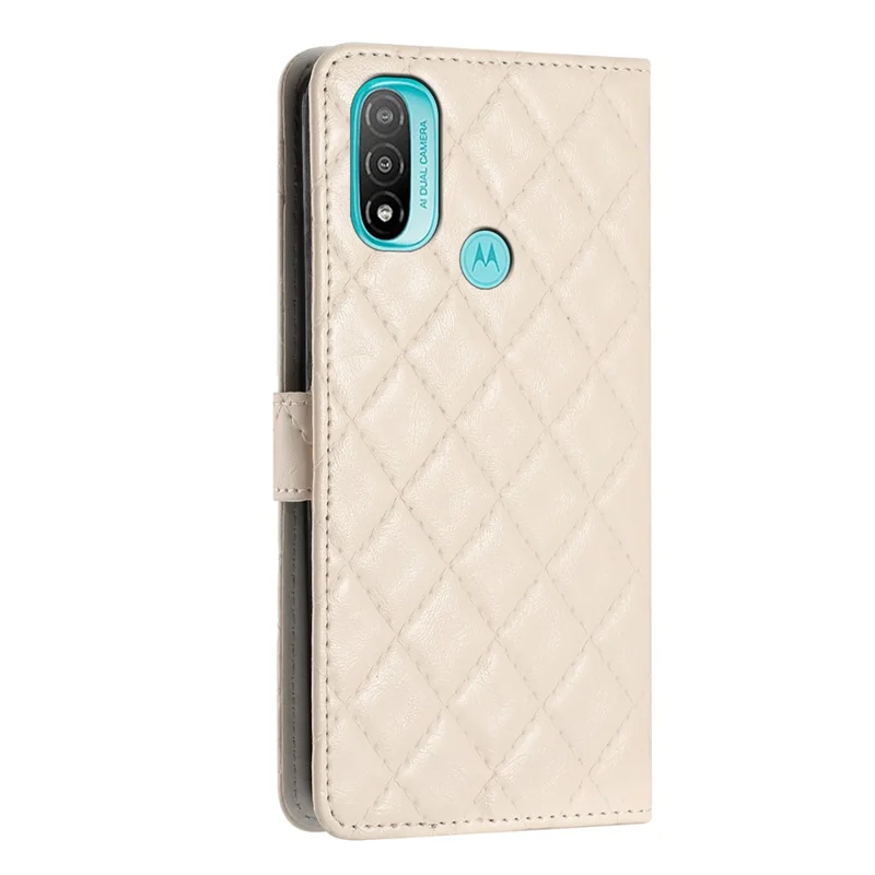 For Motorola Moto E20 / E30 / E40 Phone Case PU Leather Stitching Line Rhombus Wallet Stand Cover - White