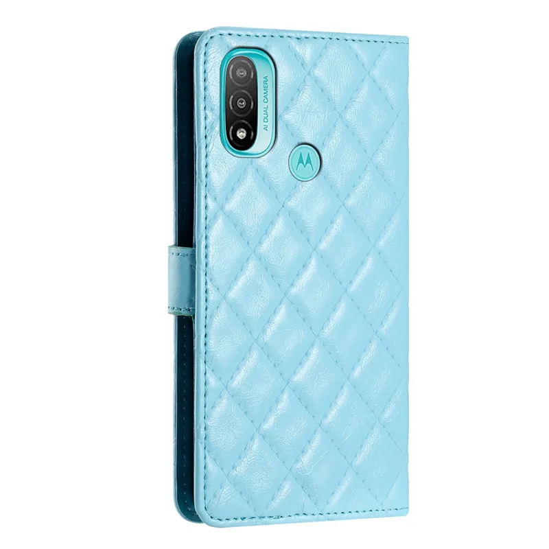 For Motorola Moto E20 / E30 / E40 Phone Case PU Leather Stitching Line Rhombus Wallet Stand Cover - Sky Blue