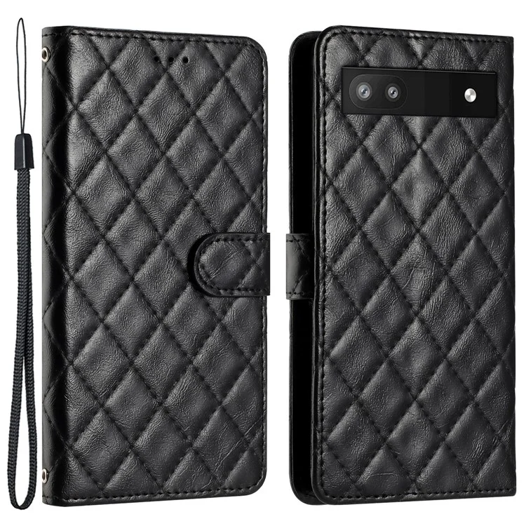For Google Pixel 7a PU Leather Wallet Phone Case Stitching Line Rhombus Flip Stand Protective Cover - Black