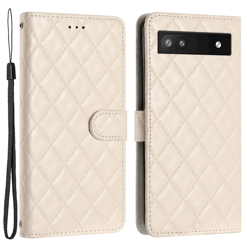 For Google Pixel 7a PU Leather Wallet Phone Case Stitching Line Rhombus Flip Stand Protective Cover - White